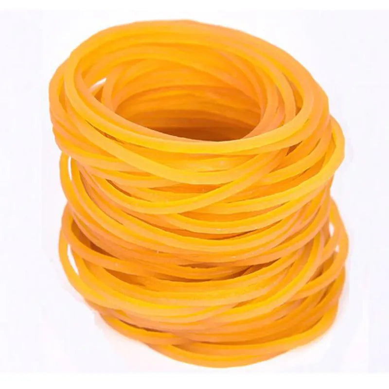 500g bulk pack of yellow rubber bands in multiple diameters from 25mm to 70mm