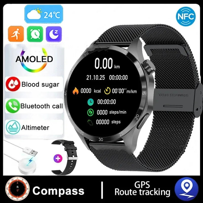 Black smartwatch with Bluetooth calling and sports modes on a silicone strap, displaying heart rate data.