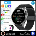 Black smartwatch with Bluetooth calling and sports modes on a silicone strap, displaying heart rate data.
