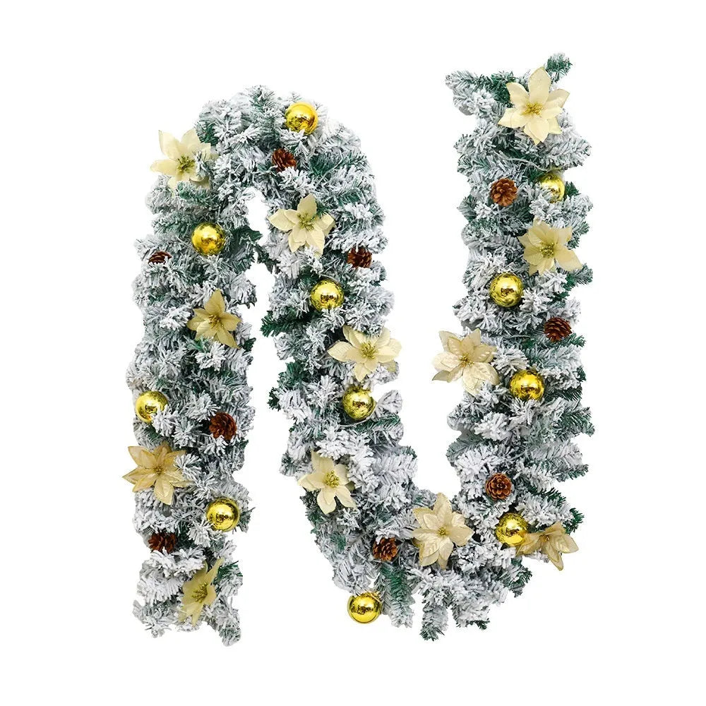 Christmas rattan garland with flocked finish in classic American style, shown in golden colour