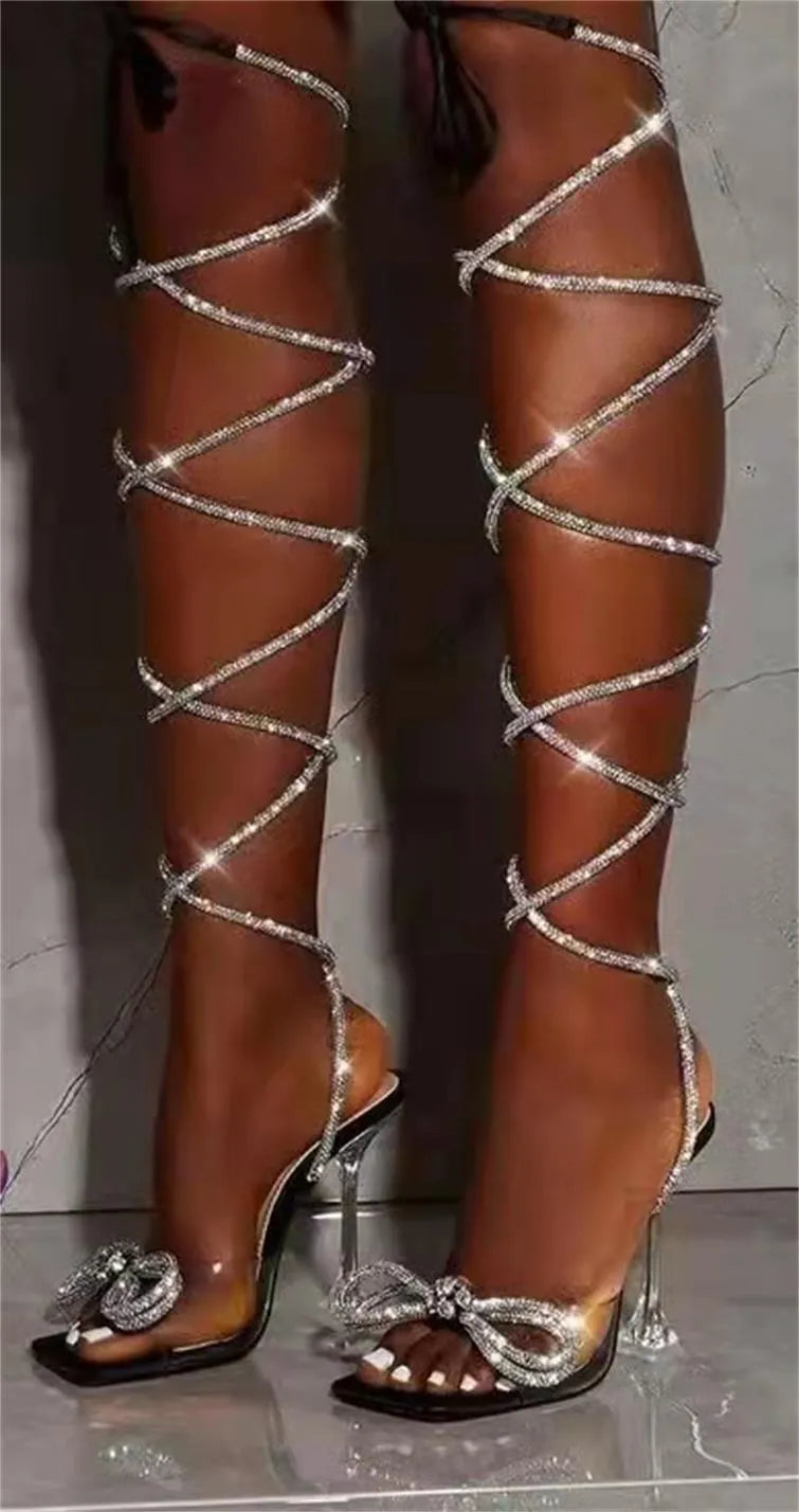 Plus size women's strappy sandals with Roman rhinestone straps and square toe in three colour options
