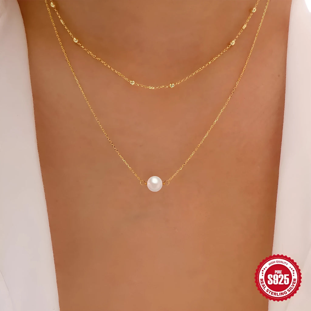 S925 sterling silver double layer necklace with twin pearls on a ball bead chain in gold colour.