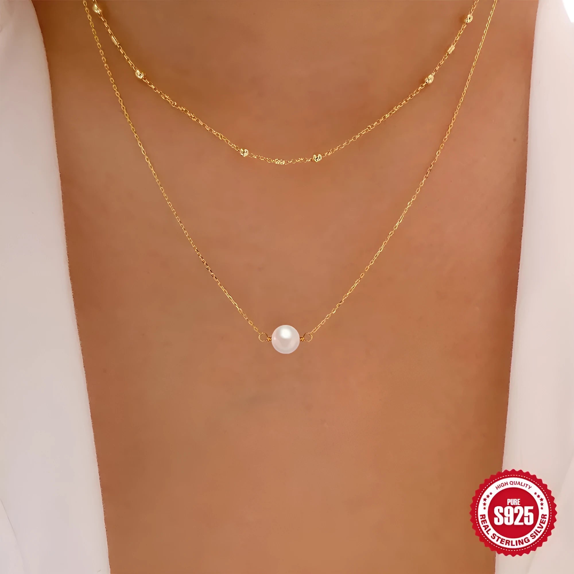 S925 sterling silver double layer necklace with twin pearls on a ball bead chain in gold colour.