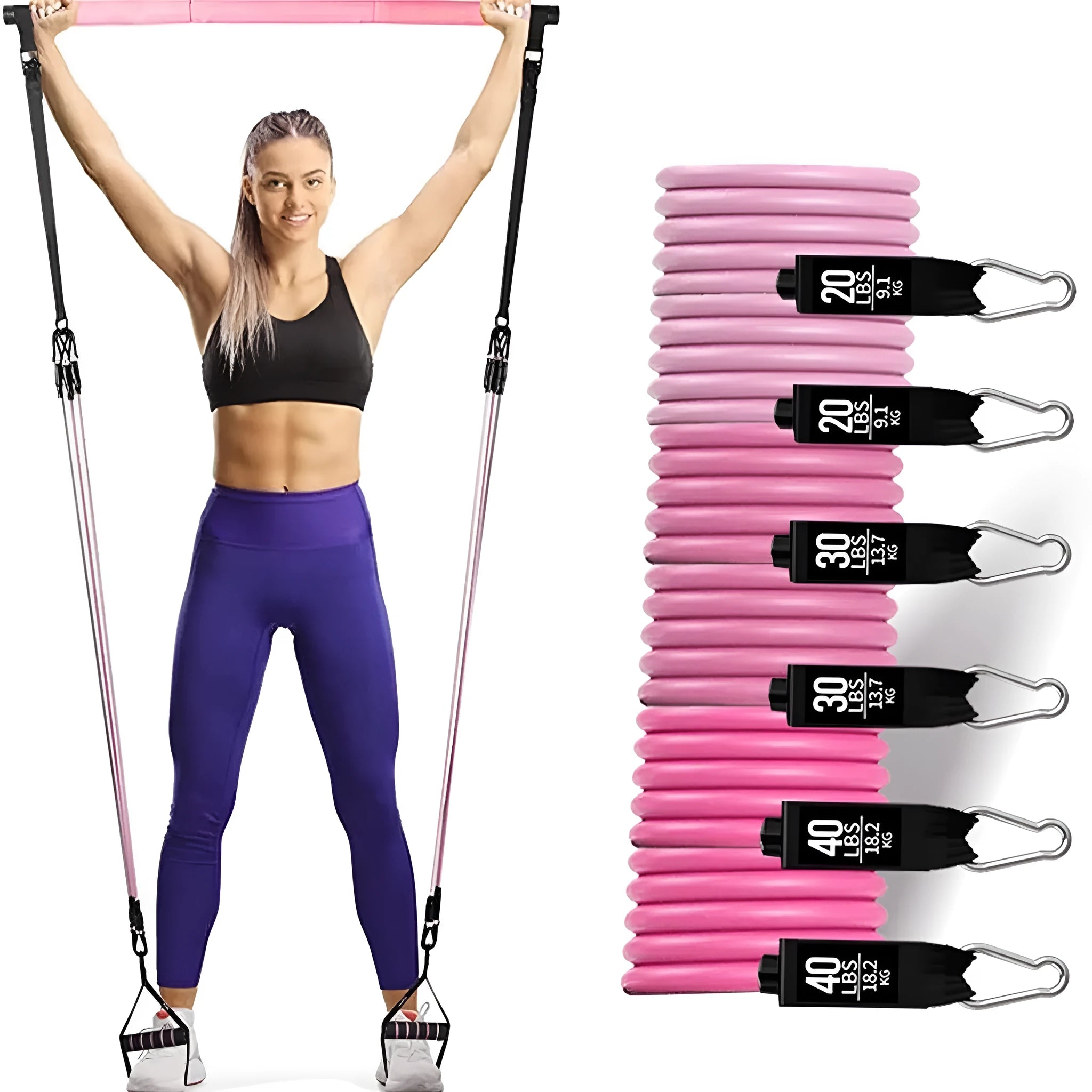 Yoga gymnastic bar with 180 pounds reinforced resistance band pull rope set