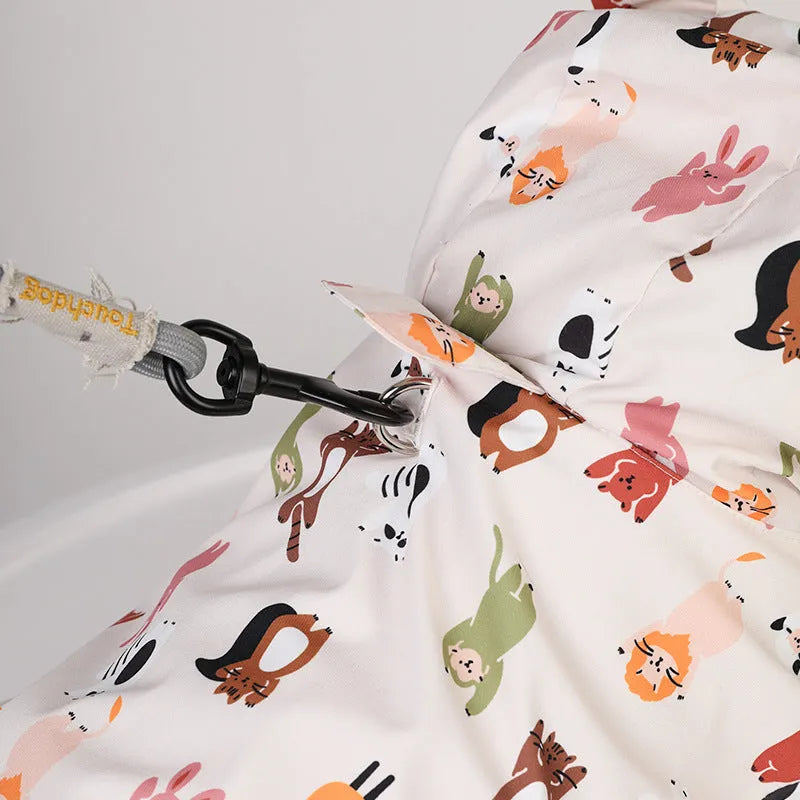 Beige cartoon dog raincoat with double waterproof PU coating, shown in small animal and cat head designs.