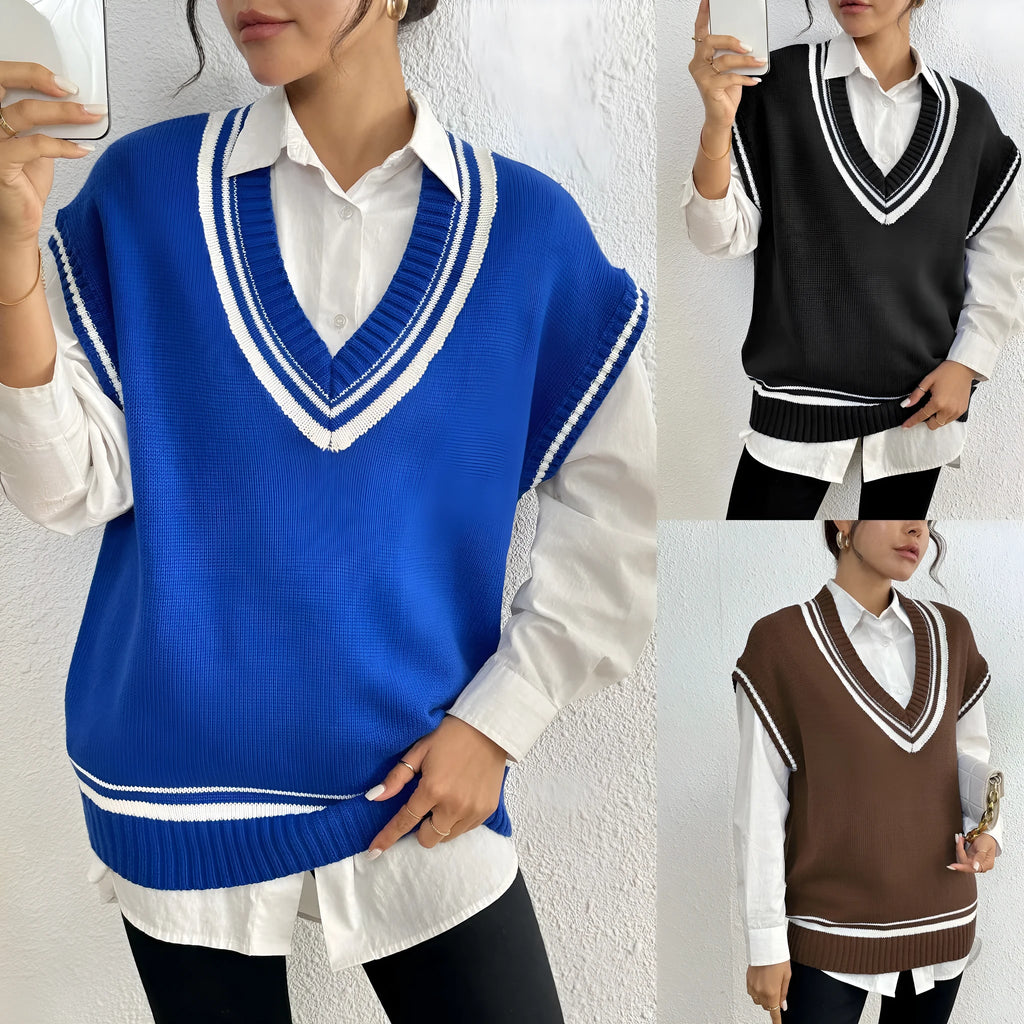 Women's loose fit pullover vest sweater in blue, coffee, or black colours