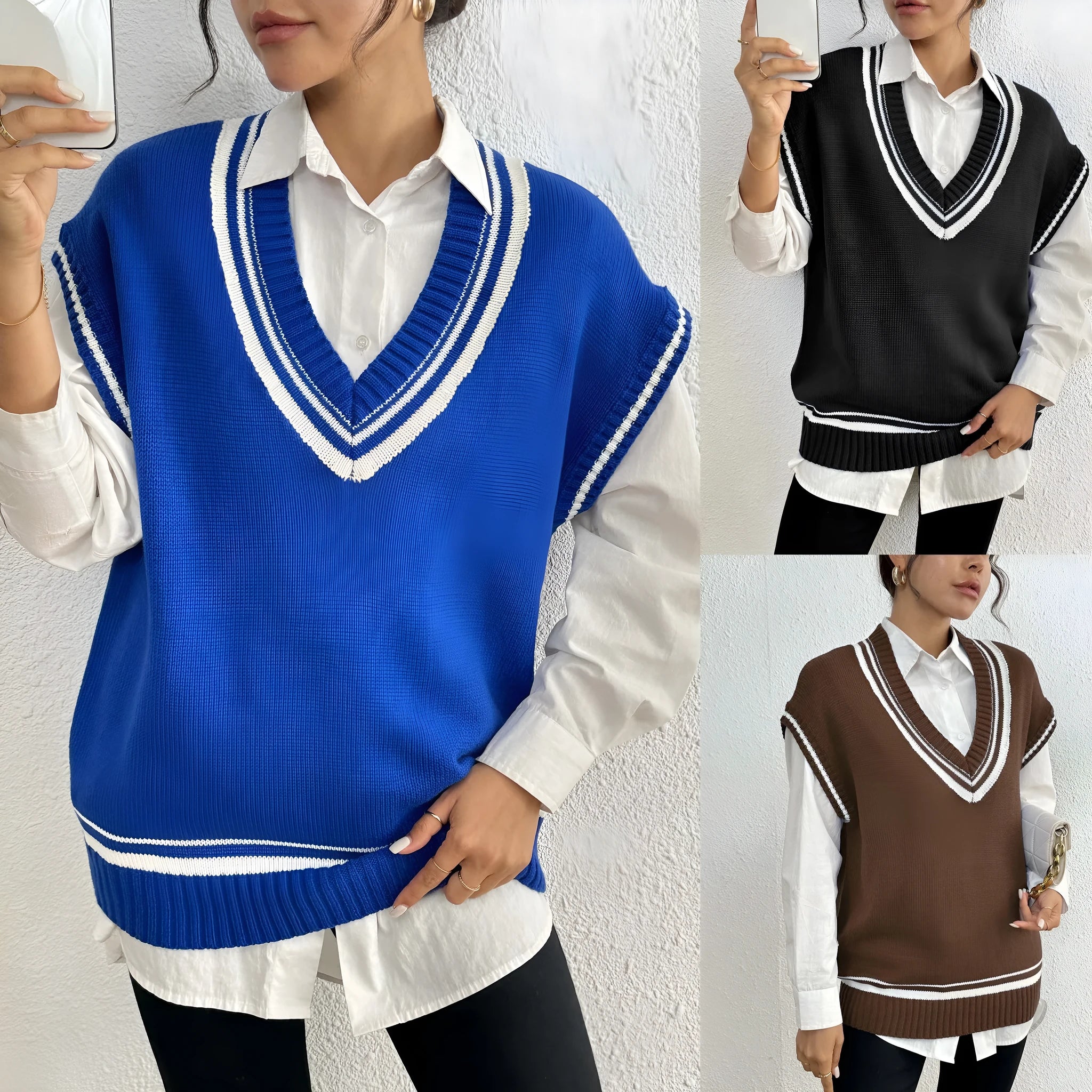 Women's loose fit pullover vest sweater in blue, coffee, or black colours