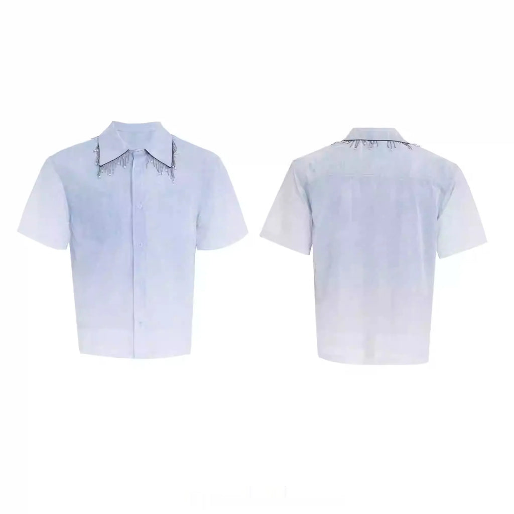 Blue and white gradient loose fit men's short sleeve casual summer shirt