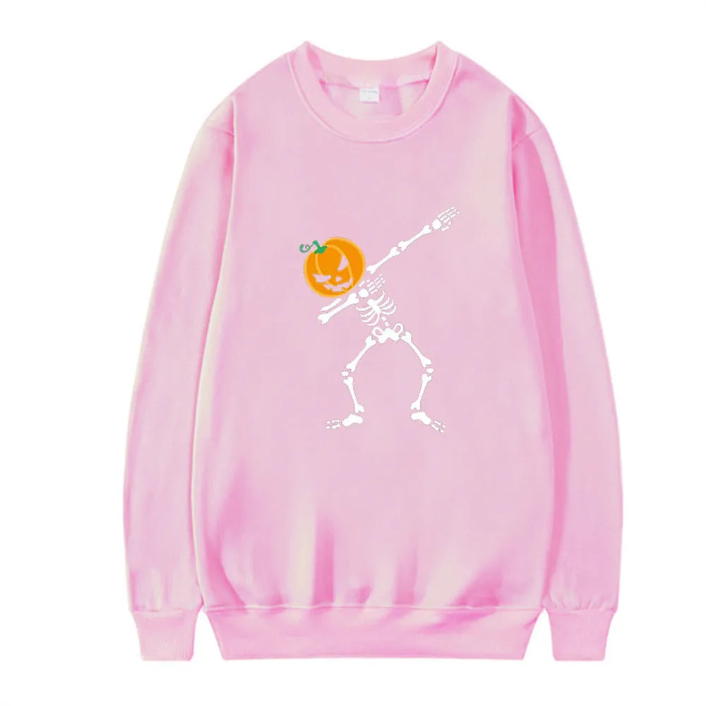 Women's printed casual crew neck long sleeve top in a cotton blend fabric on a hanger.