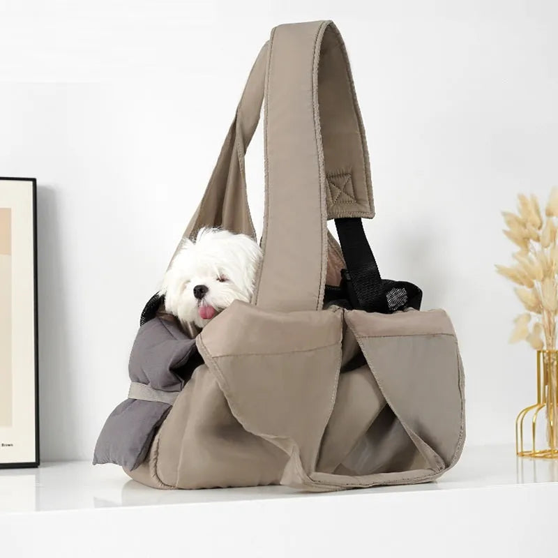 Apricot cloth pet carrier bag measuring 41cm length 16cm width 28cm height