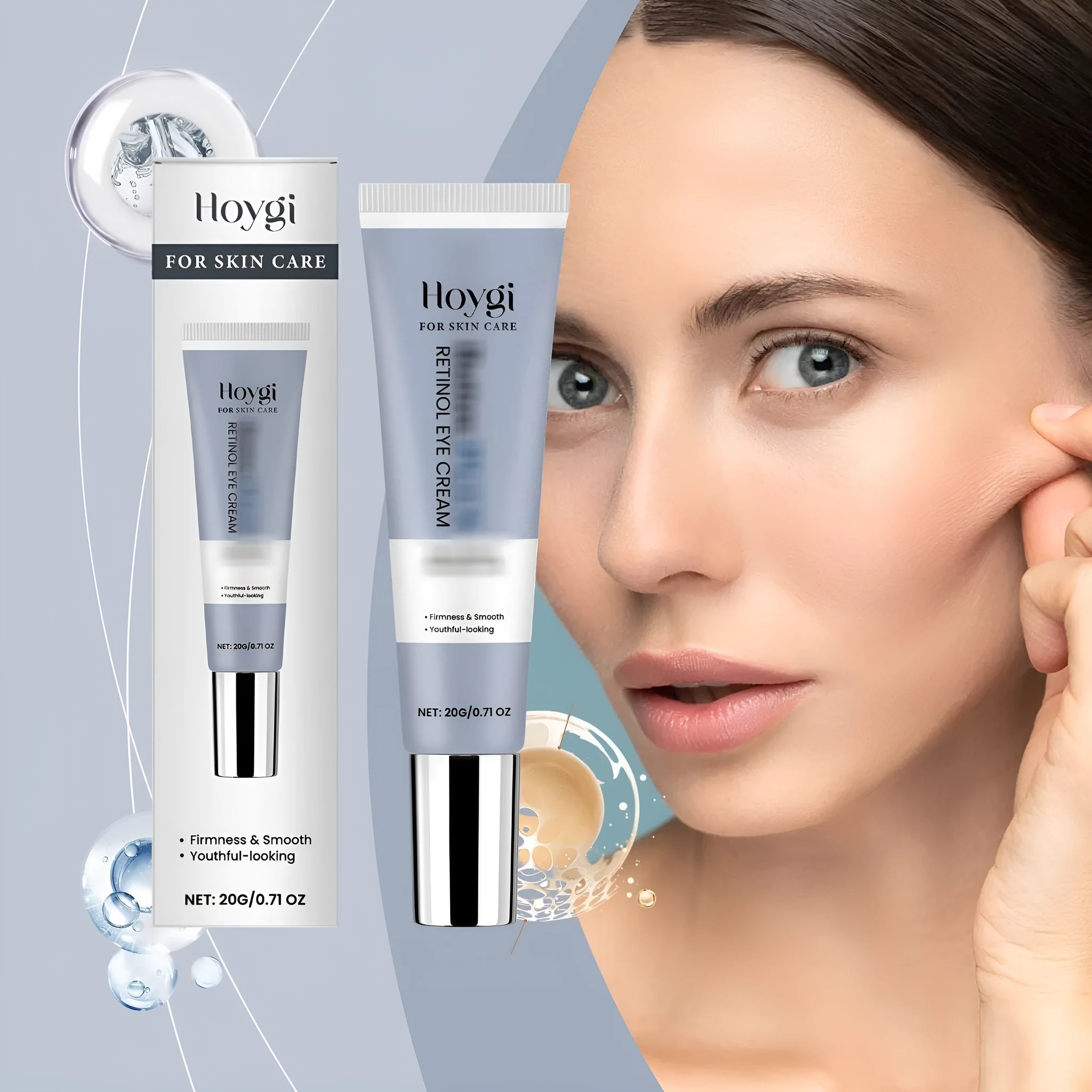 Silver tube of 20g retinol moisturising eye cream, 12.1 cm long.