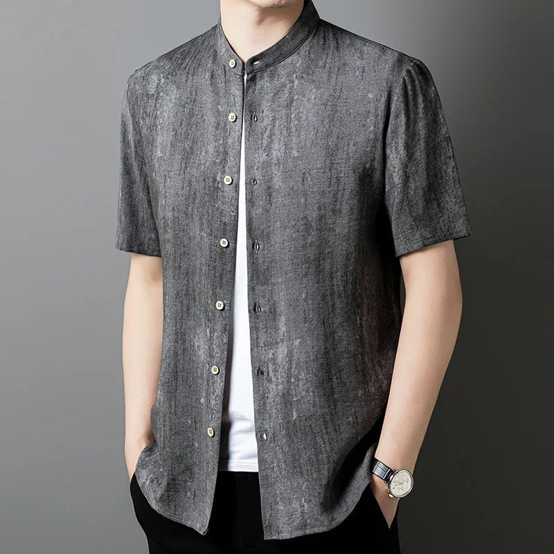 Men's loose grey cardigan shirt with stand collar and short sleeves on a hanger