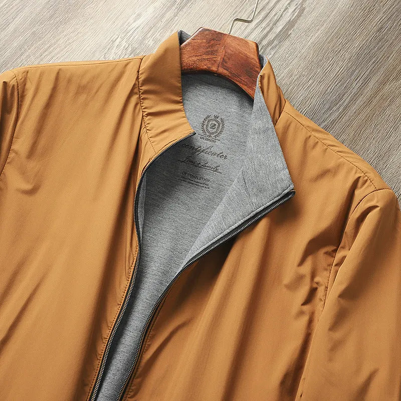 Men's stand collar casual jacket in Army Green, shown on a model.