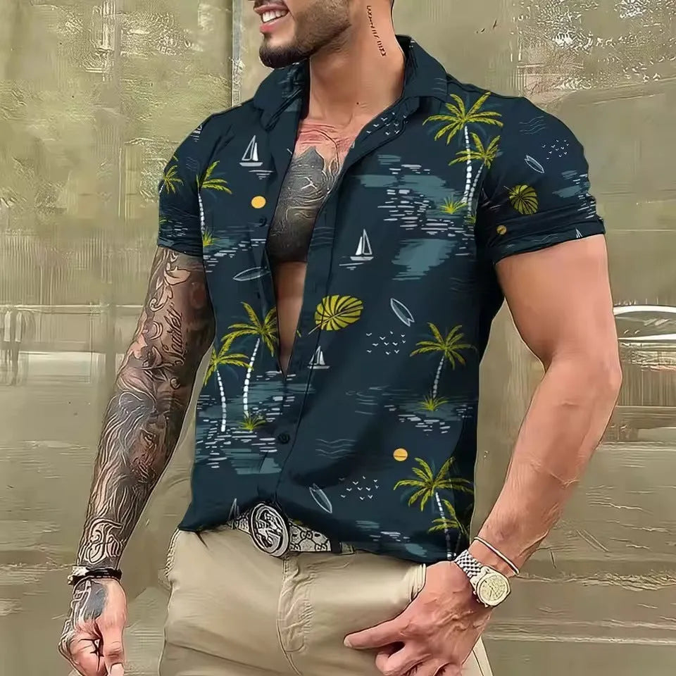 Man wearing a loose fit short sleeve floral print shirt in a cardigan style for summer.