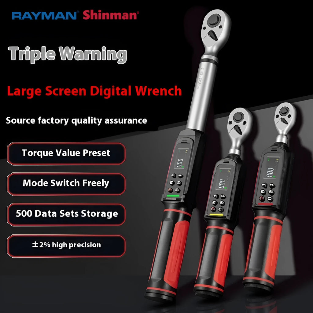 Digital display torque wrench with chrome-vanadium steel construction and triple warning indicators