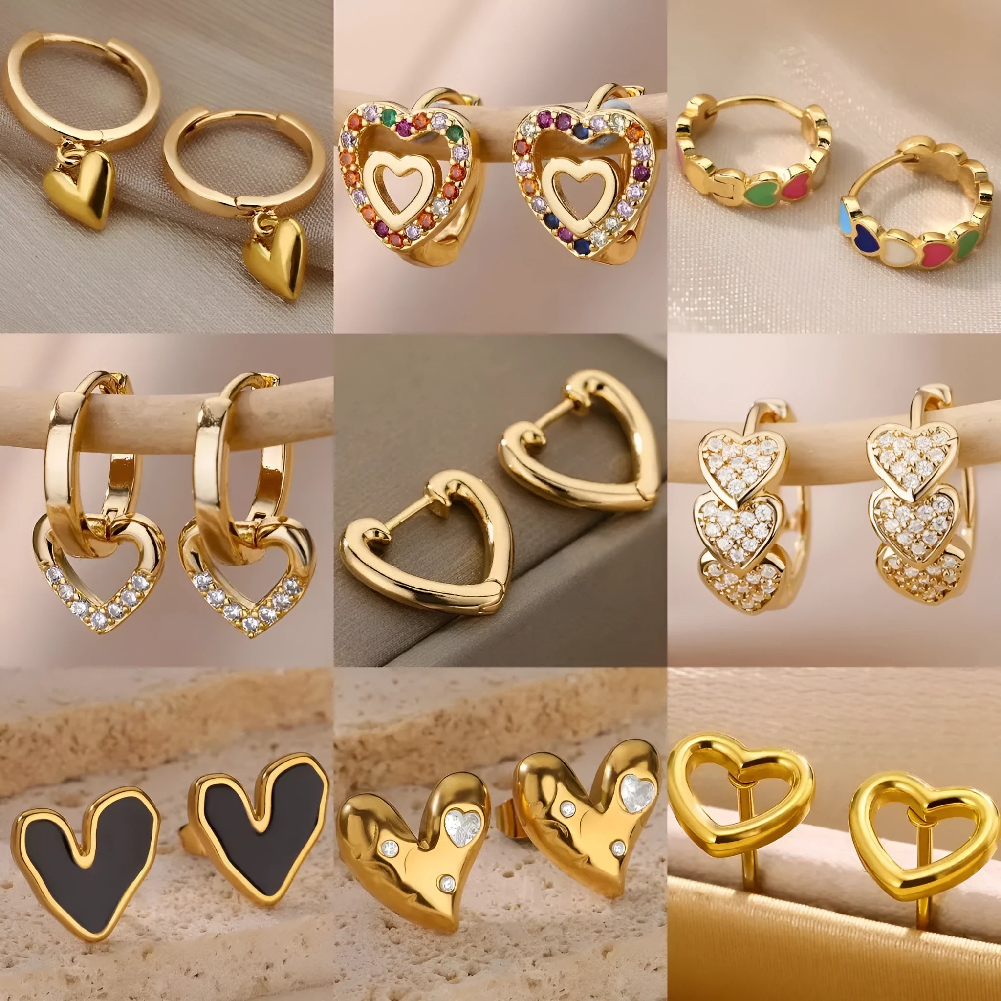Women's heart-shaped zircon stud earrings with stainless steel construction and ear clip design