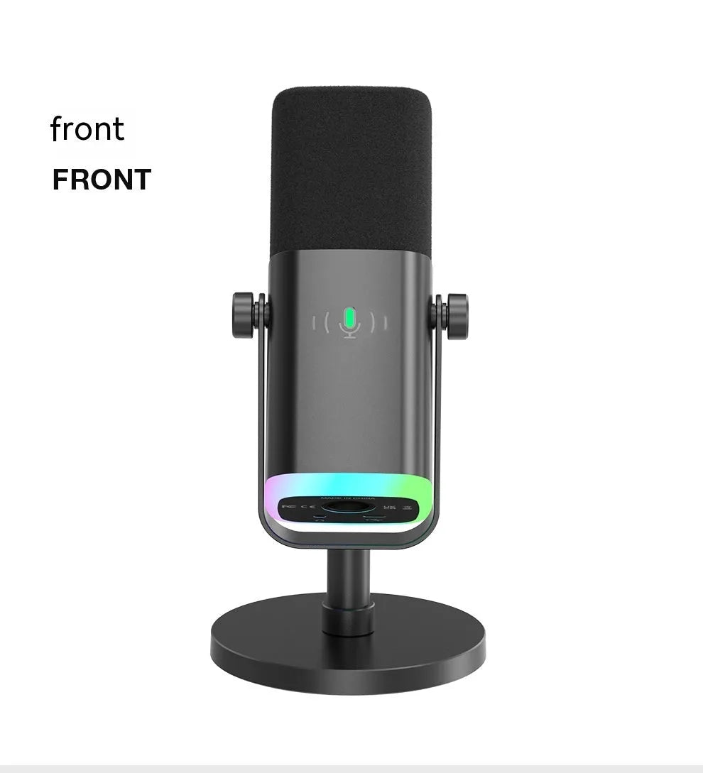 Dynamic noise reduction microphone in black colour with XLR cable, USB cable, and black desk base bracket.