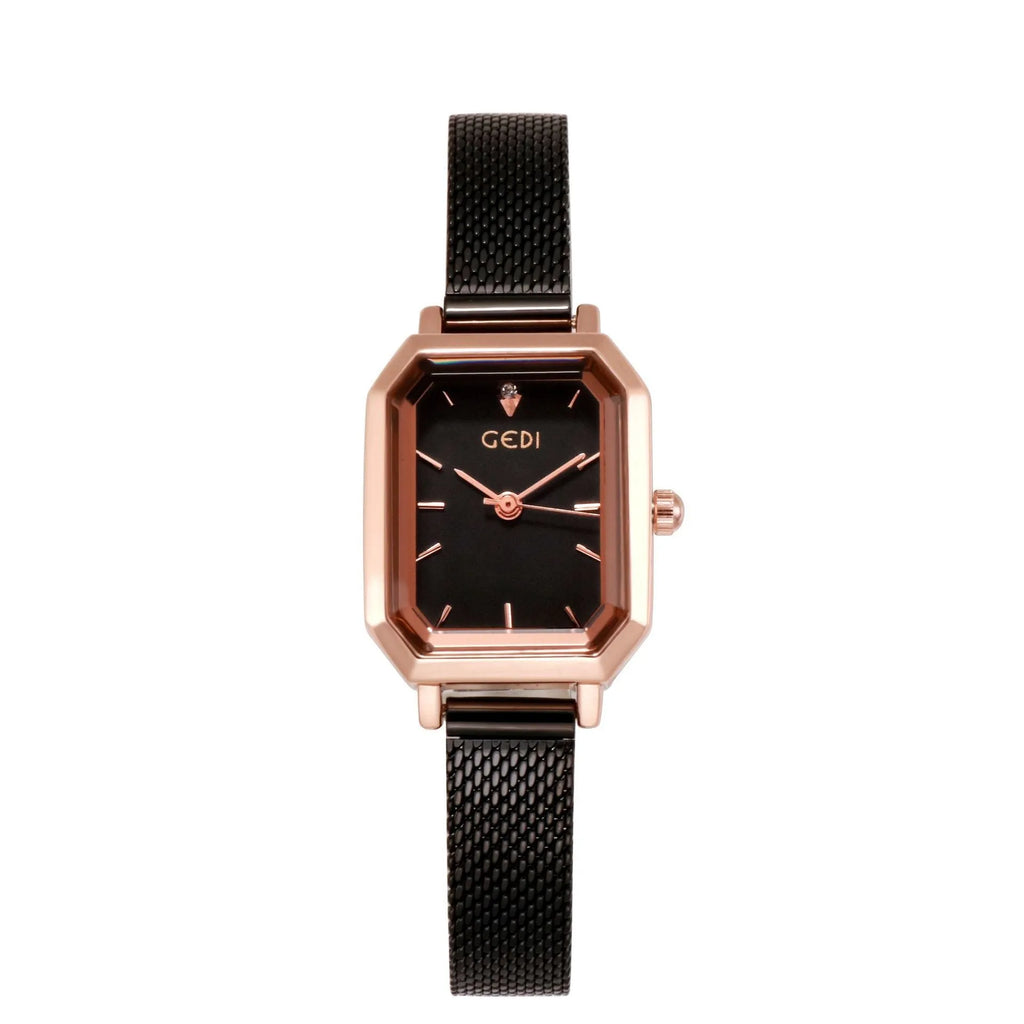 Square rose gold casual watch with black dial and black leather strap showing 8mm thickness