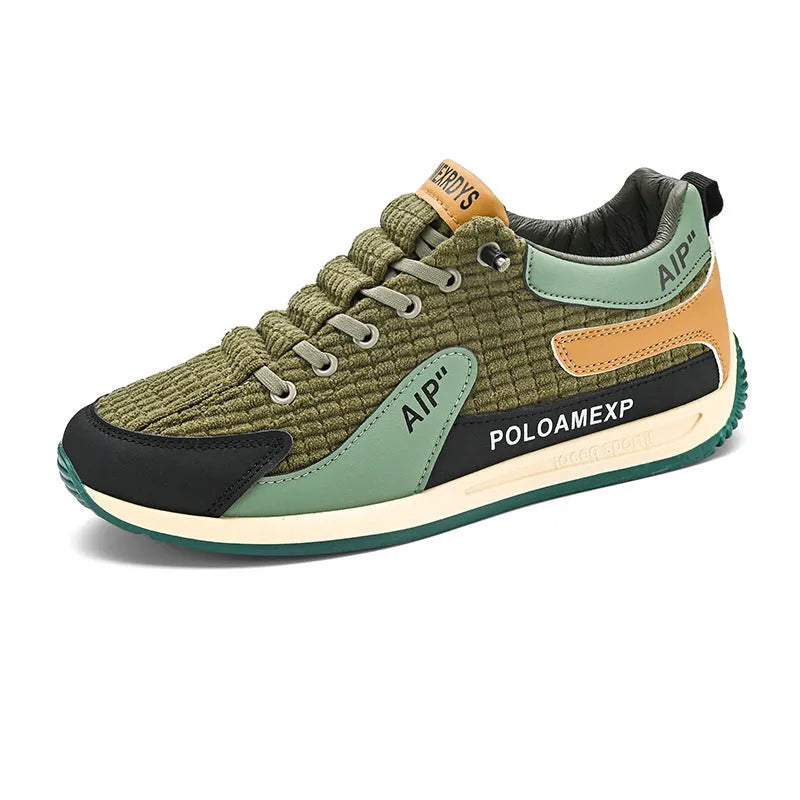 Men's grey and green mesh low-top lace-up running shoes on a white background.