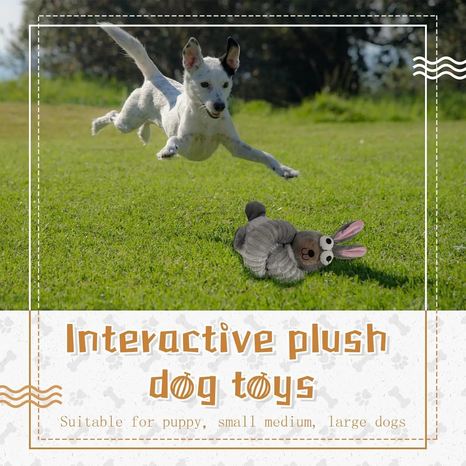 Plush dog toy with crinkle and squeaker sounds in brown, grey and yellow colours