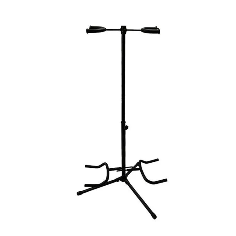 Black vertical double-headed adjustable guitar stand holding two guitars upright