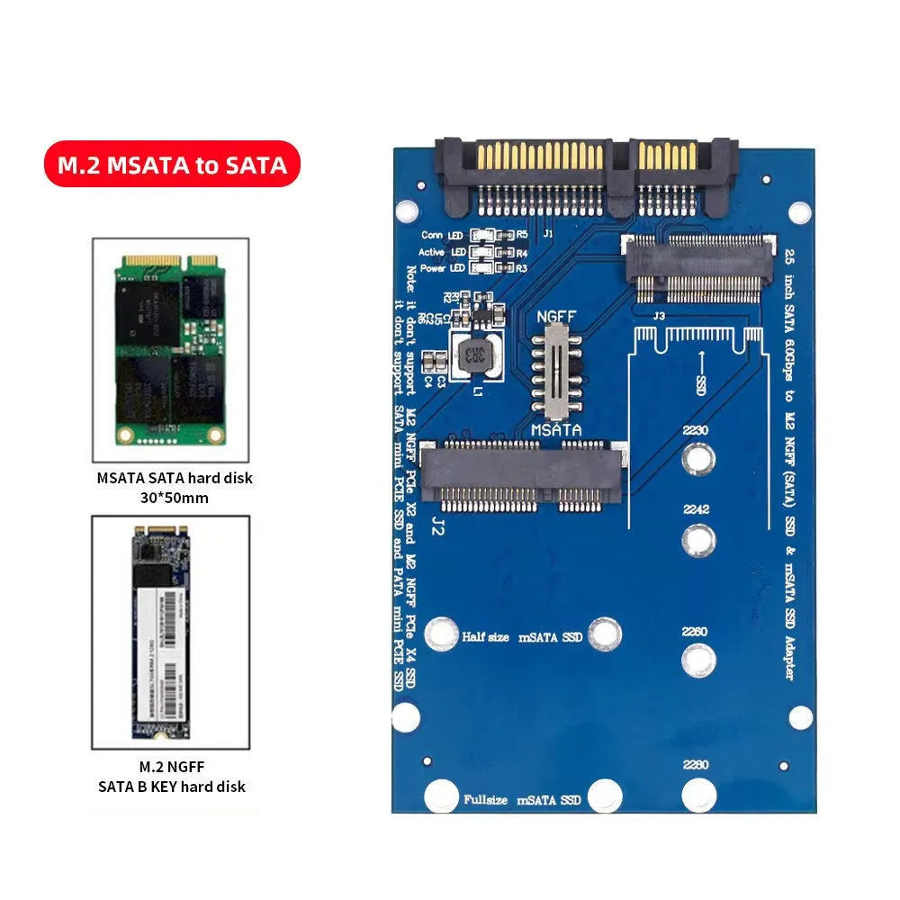Black and blue SATA3 to M2 NGFF MSATA SSD conversion adapter board for laptop storage upgrades