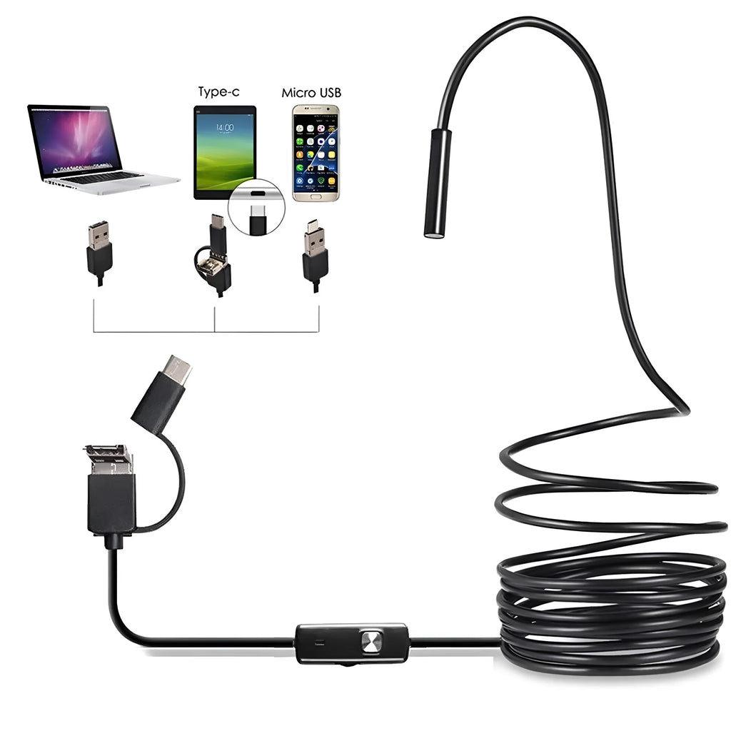 USB Android mobile phone endoscope with flexible cable, waterproof probe, magnet, hook, and side mirror accessories