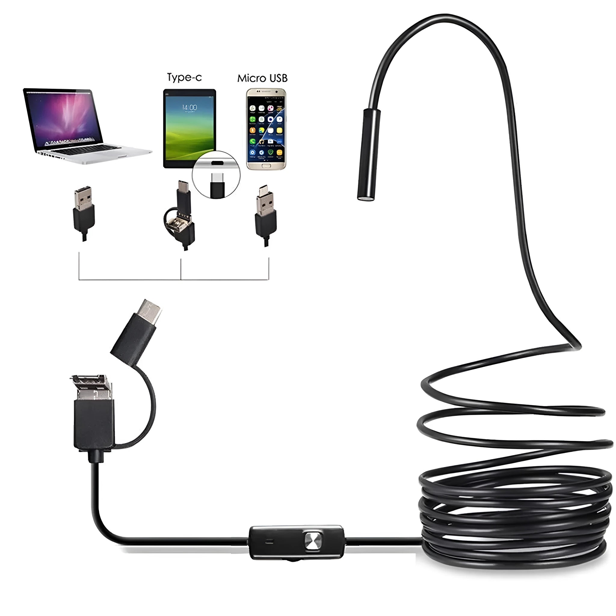 USB Android mobile phone endoscope with flexible cable, waterproof probe, magnet, hook, and side mirror accessories