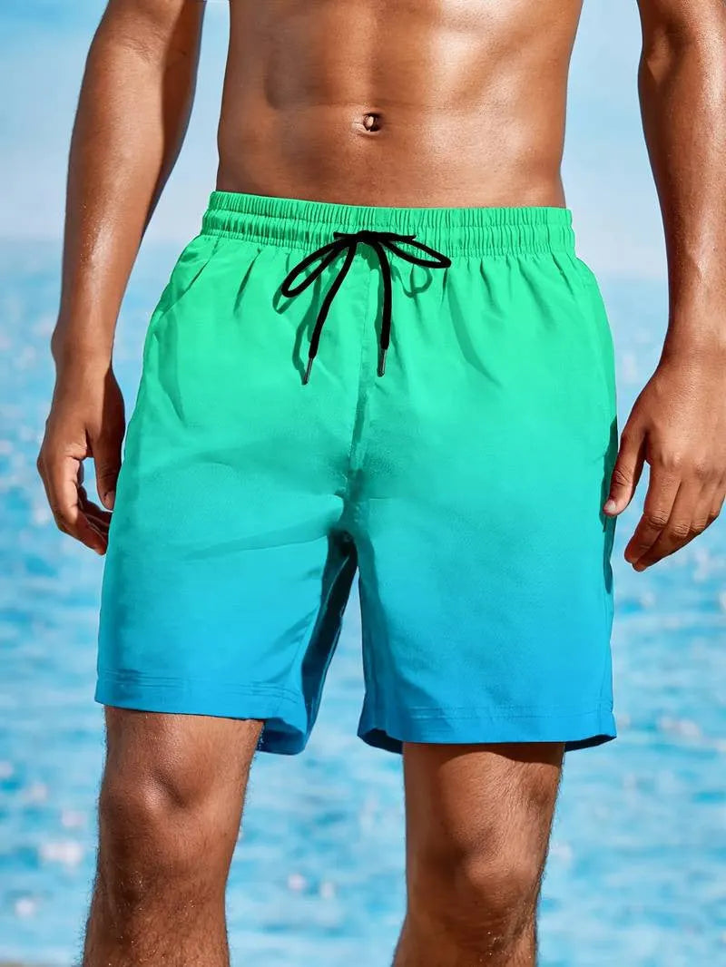 Men's gradient colour 3D digitally printed mesh sports shorts on a mannequin.