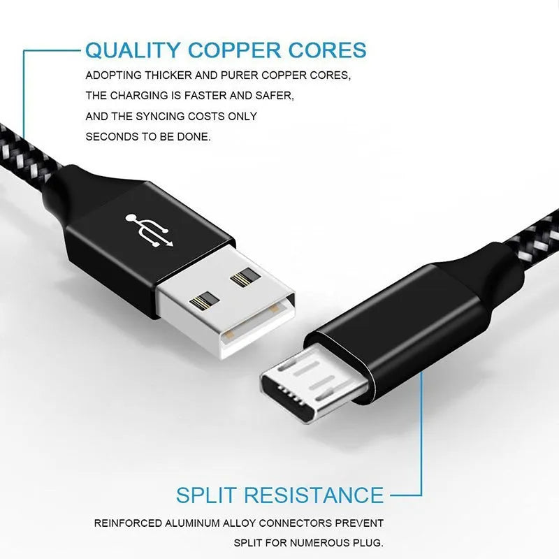 Braided micro USB fast charging cable for Android phones in multiple colours