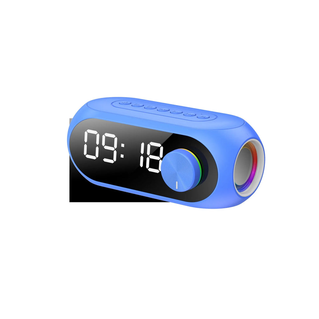 Portable mini Bluetooth speaker with digital clock display in black, white, or blue colour.
