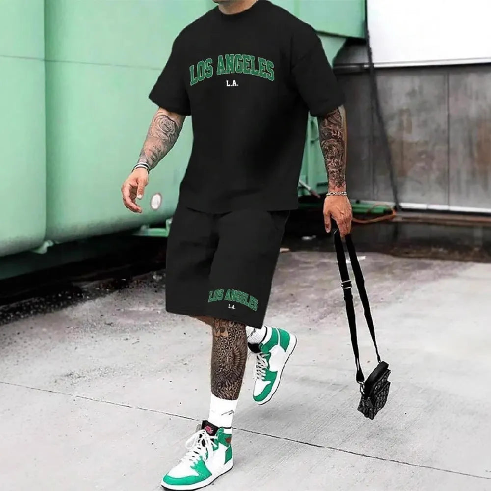 Men's 3D printed letter sportswear suit with short sleeve top and matching shorts in polyester fabric