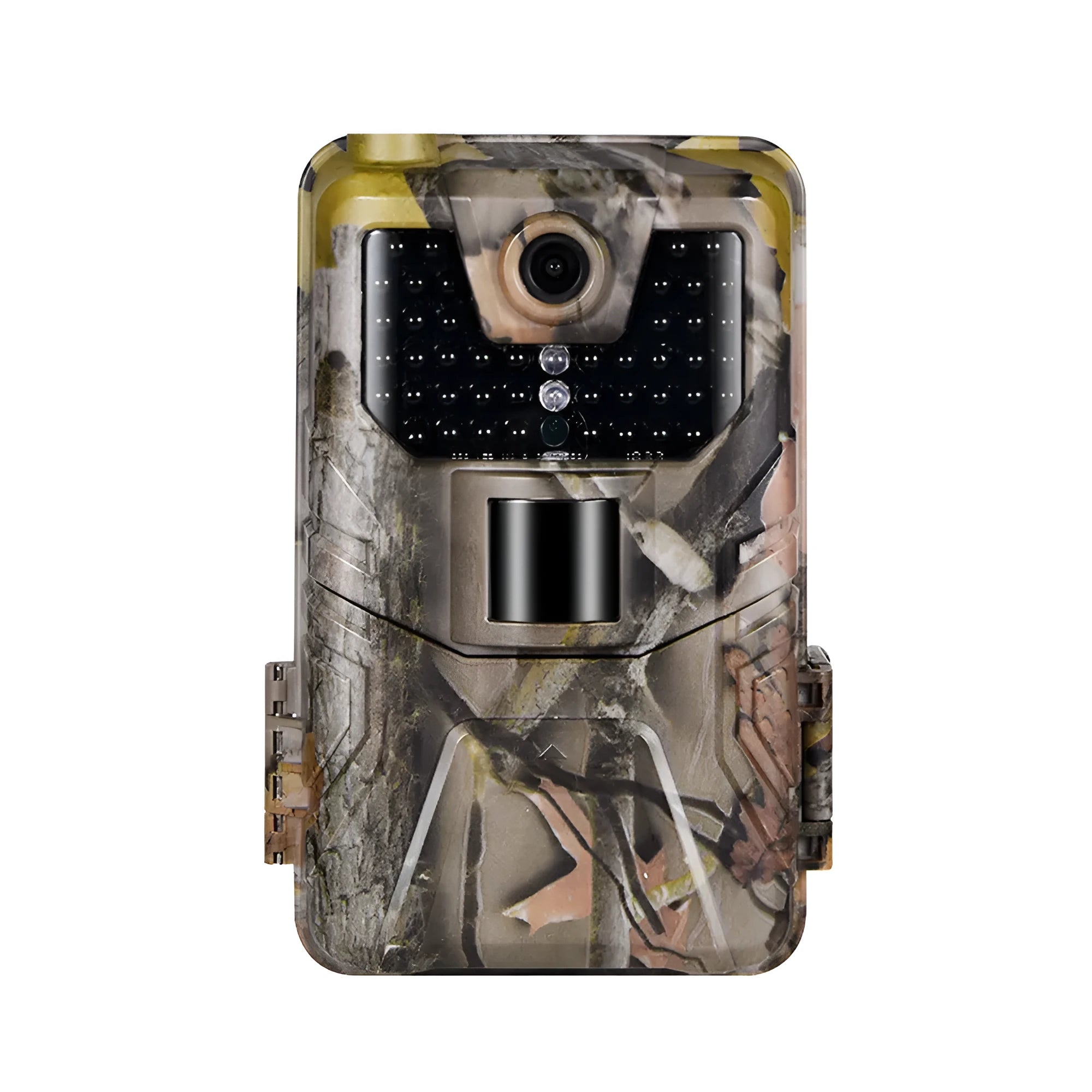 Compact camouflage outdoor hunting camera with infrared LEDs and lens
