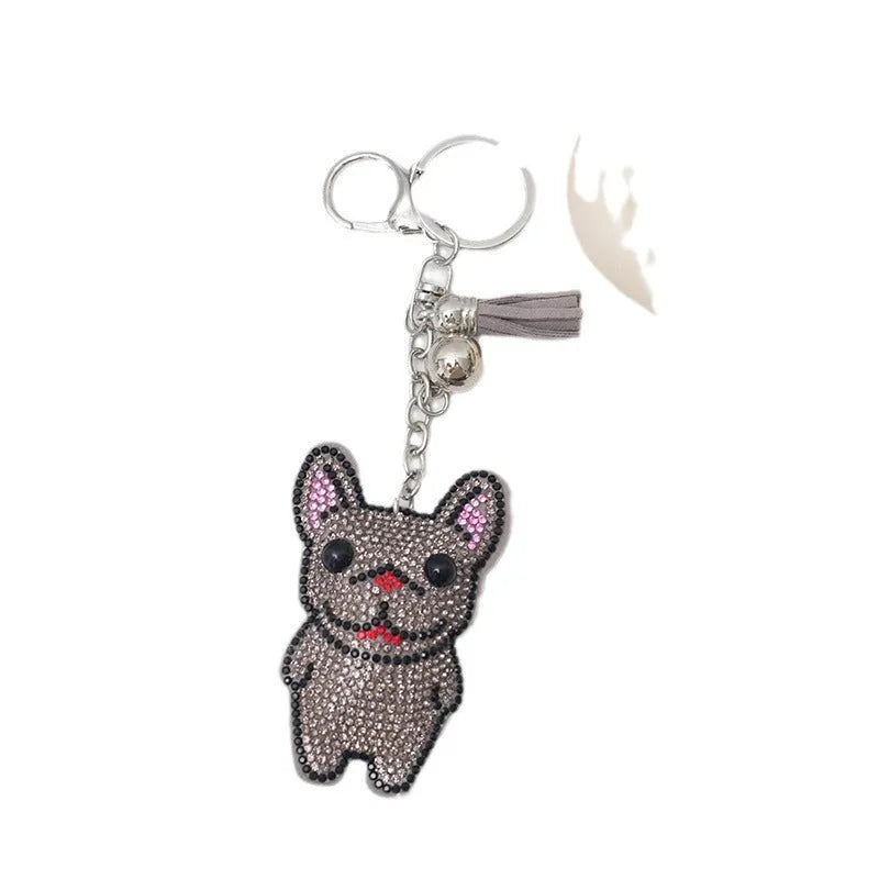 French dog rhinestone keychain with cartoon bear pendant in caramel colour.
