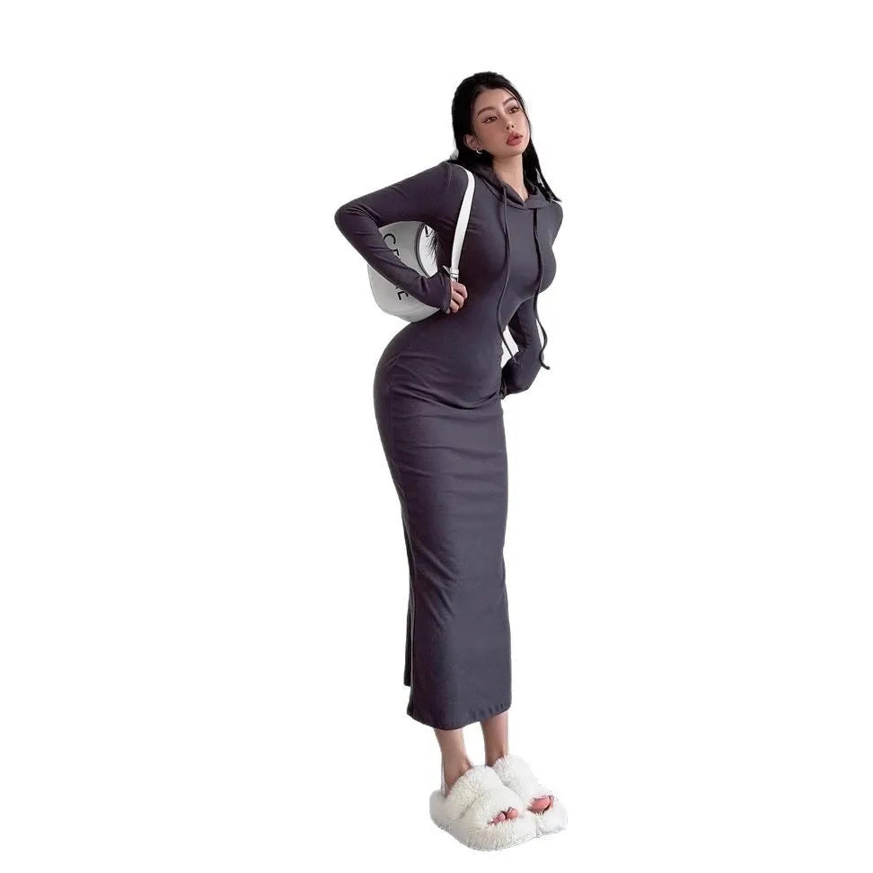 Women's light grey hooded long sleeve sheath dress with high waist on a model