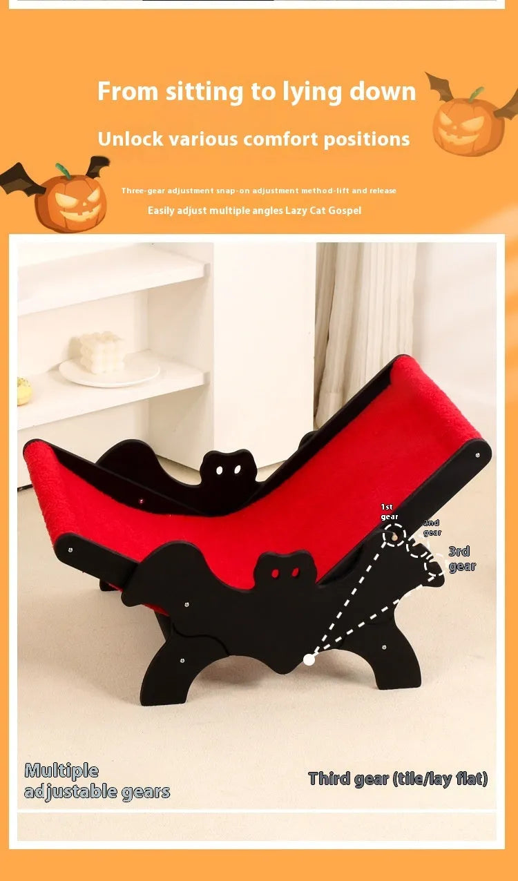 Wooden cat recliner lounge chair with black and red Halloween colour scheme
