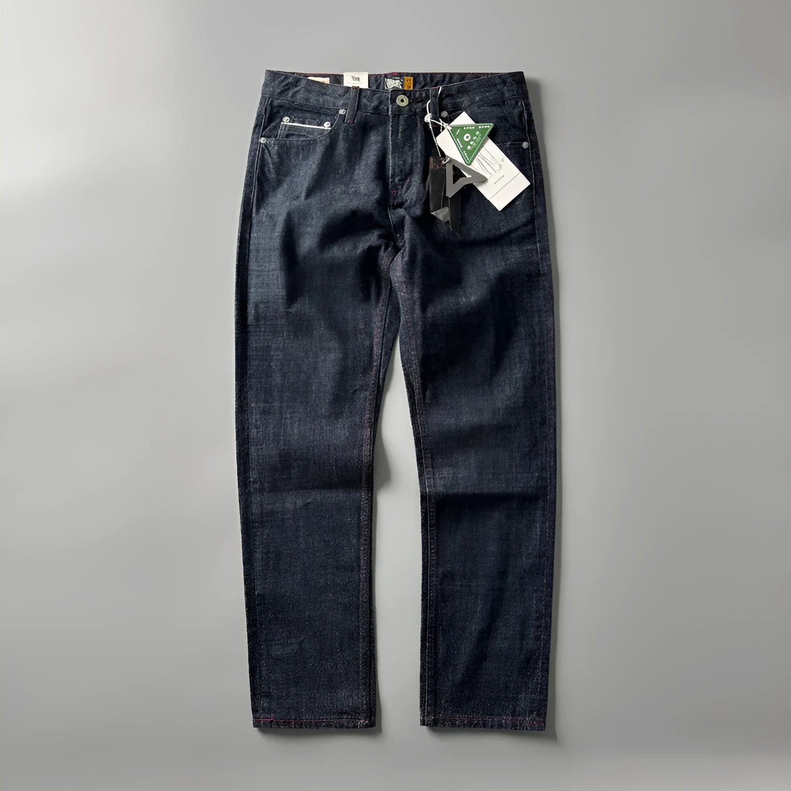 Men's primary colour straight leg denim trousers on a mid-waist fit model.