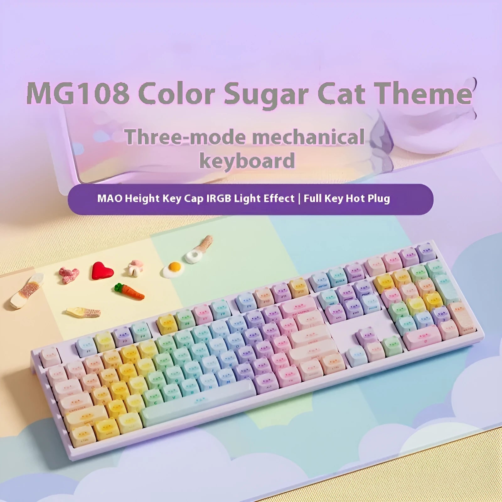 Sugar Cat coloured mechanical keyboard with Bluetooth connectivity and piano switches in MG108B colour scheme