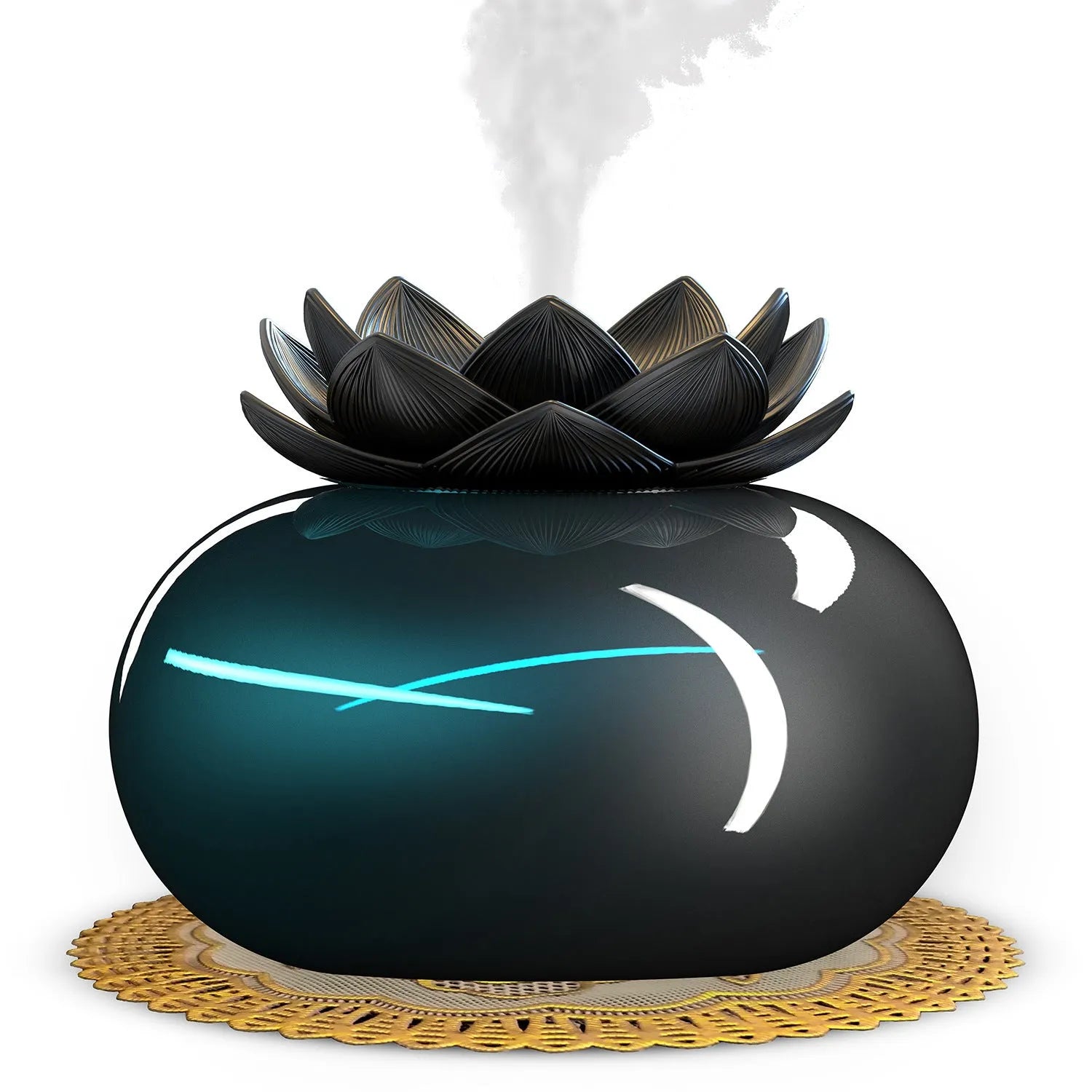 Pure black Lotus aromatherapy humidifier with USB port and mist outlet