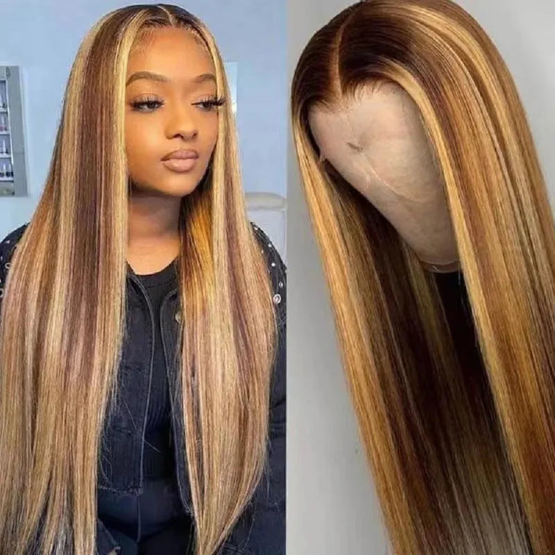 Long curly big wave front lace wig in black gradient colour on a stand, showing side bangs.