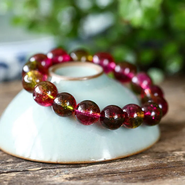 Women's watermelon crystal bracelet with pastoral style beads in handmade design.