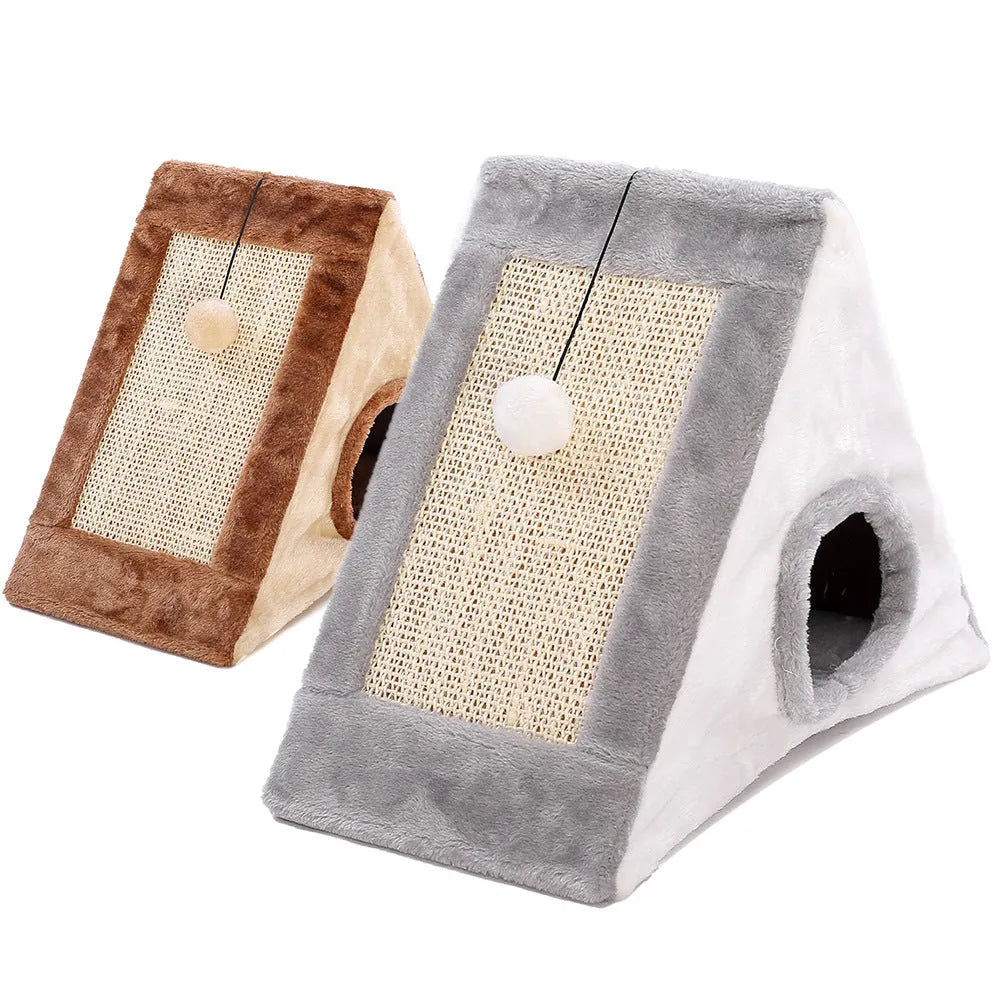 Triangle-shaped cat bed with integrated sisal scratching surface in grey white colour