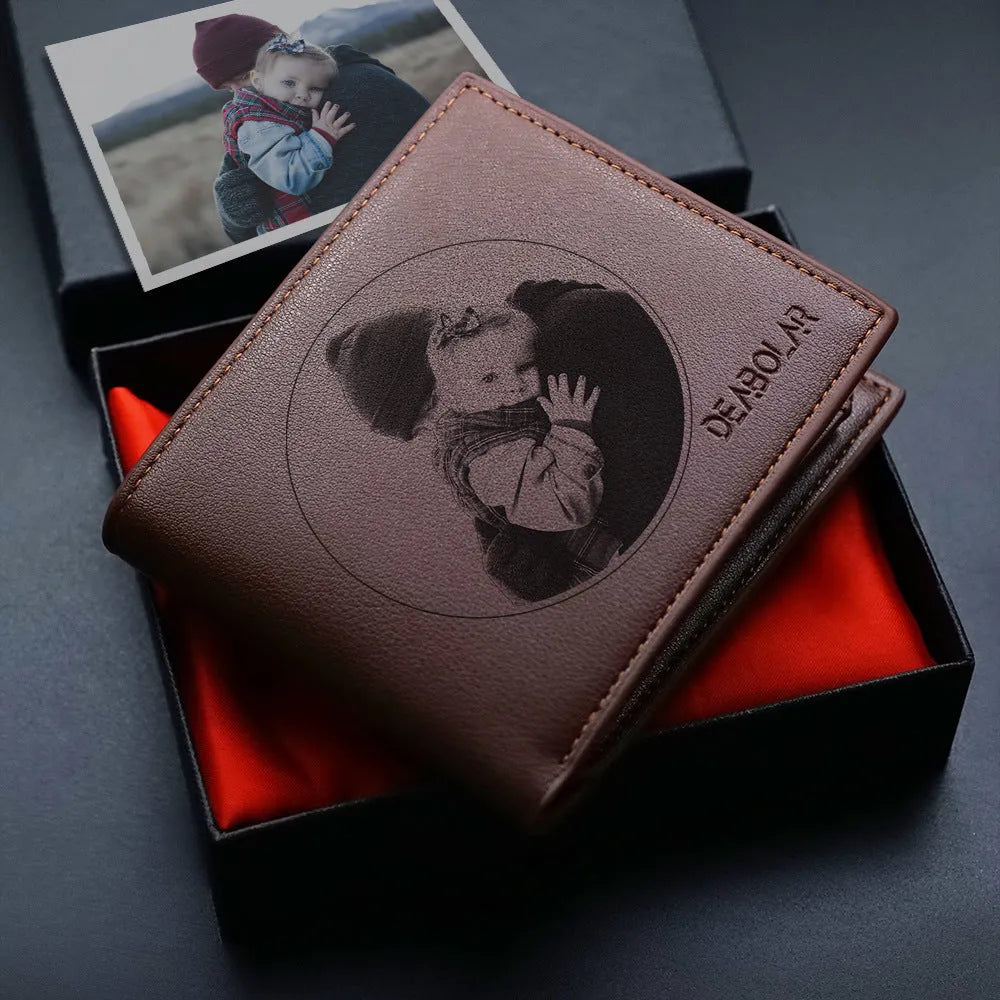Men's leather wallet with a zipper closure, presented in individual packaging.