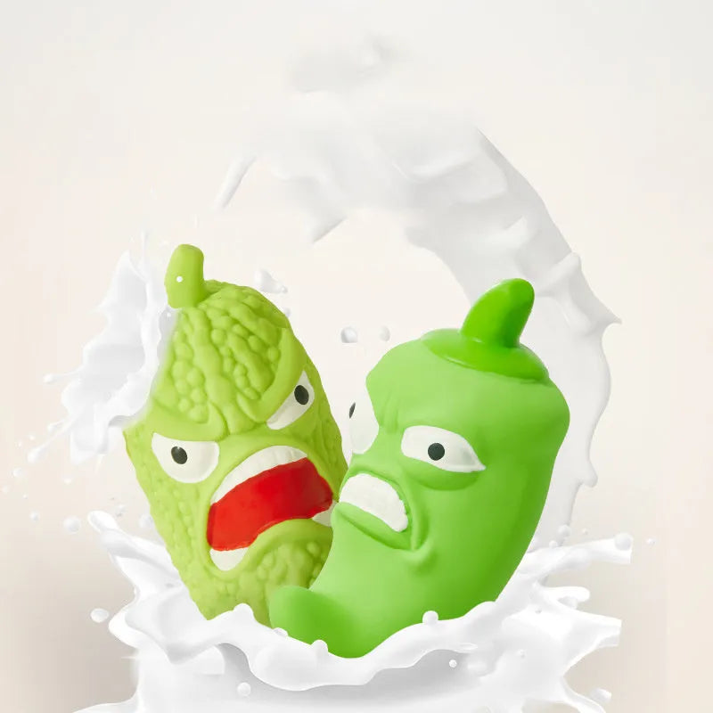 Bitter melon and chilli shaped dog chew toys with pet sound features for bite resistance and tooth cleaning