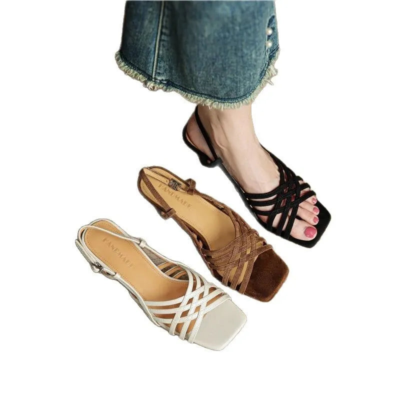 Retro thin cross-strap mid heel sandals with square toe and ankle buckle in light brown colour
