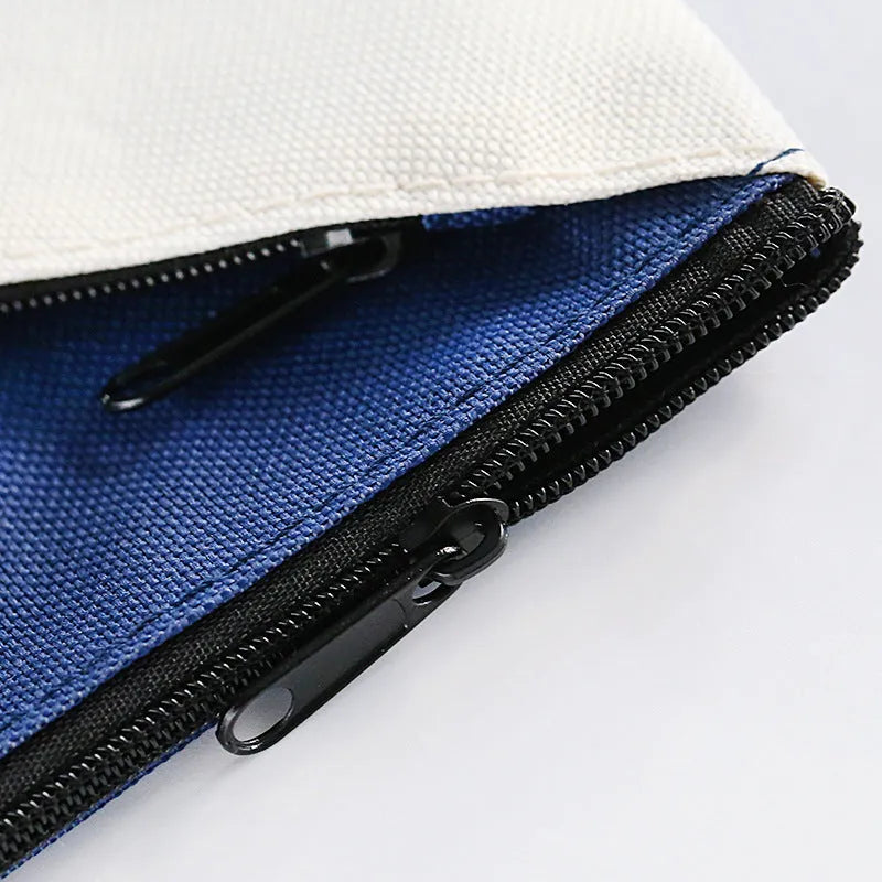 Blue double-layer zippered student document bag made from Oxford cloth, shown with A4 papers.
