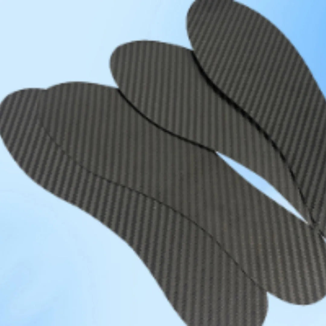 Black carbon fibre running insoles with 3K weave pattern showing full palm design for shock absorption