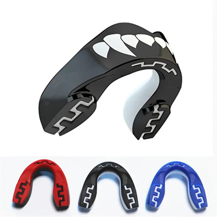 Adult boxing sports mouthguard with tooth socket free design in black and white printed teeth pattern.