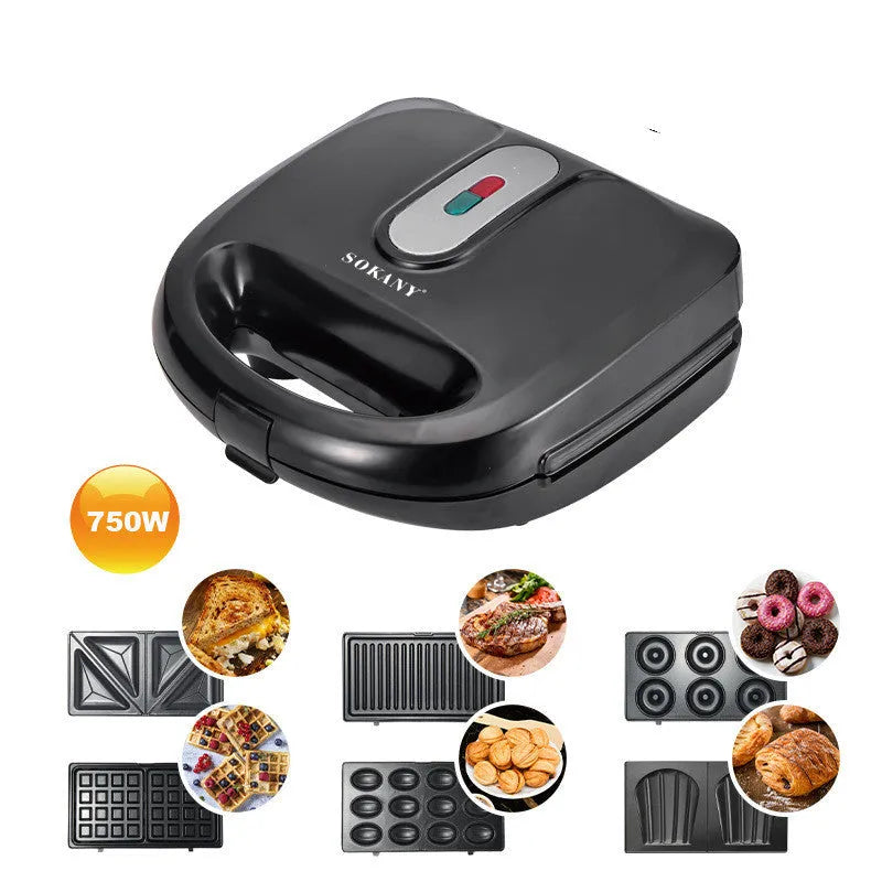 Black electric sandwich pan with double-sided heating, brushed stainless steel lid, and six non-stick cooking plates.