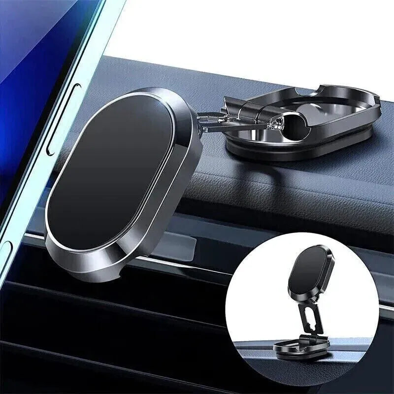Chrome magnetic car phone holder with folding bracket and 360-degree swivel rotation